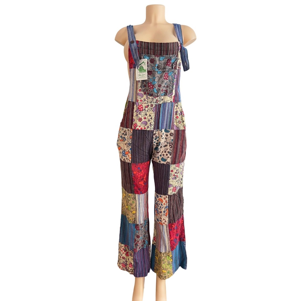 Patchwork Overalls Jumpsuit Womens S/M Cotton Mushroom Nepal Boho Hippie Shabby